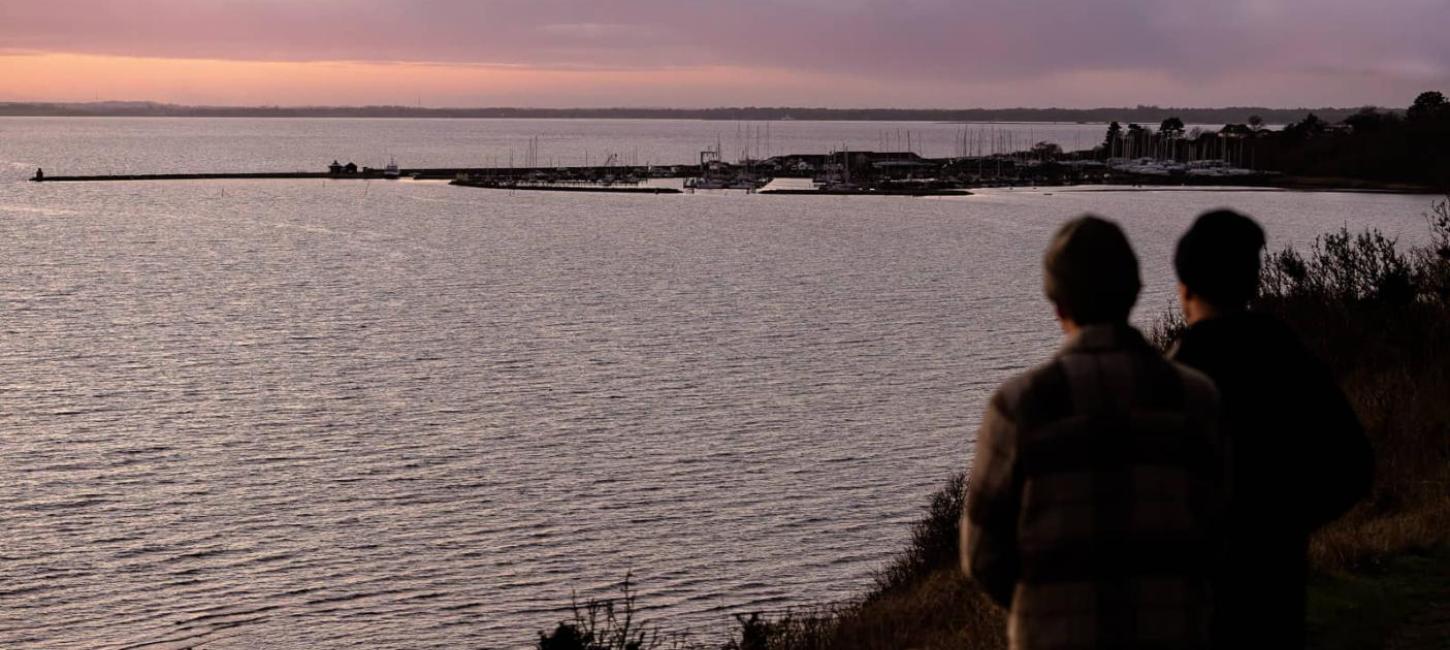 Udsigt fra Store Karlsminde udover havnen i Lynæs i solnedgangen
