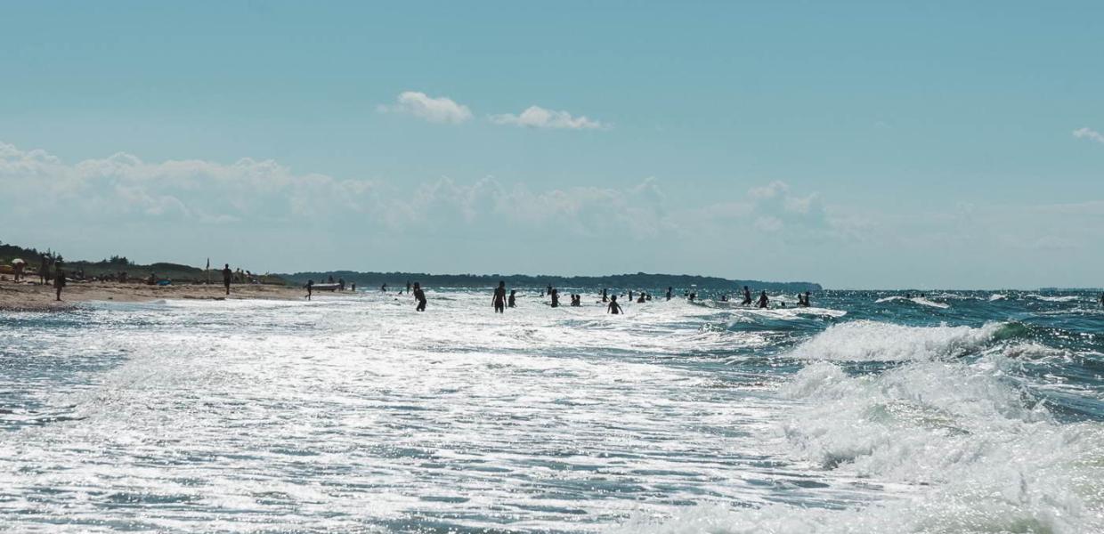 Børn og voksne kaster sig i bølgerne på Tisvildeleje Strand i Nordsjælland