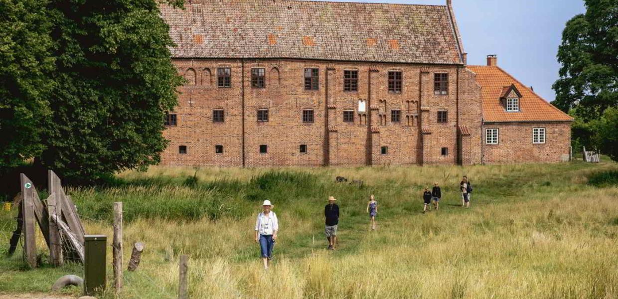 En række af mennesker vandrer ned over engen foran Esrum Kloster