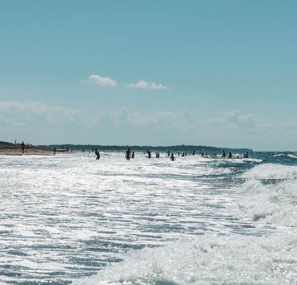 Børn og voksne kaster sig i bølgerne på Tisvildeleje Strand i Nordsjælland